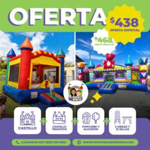Castillo 13x13 + 1 inflable Playground + 12 popcorn envasados! + 12 algodones envasados! + 2 mesas y 12 sillas!!